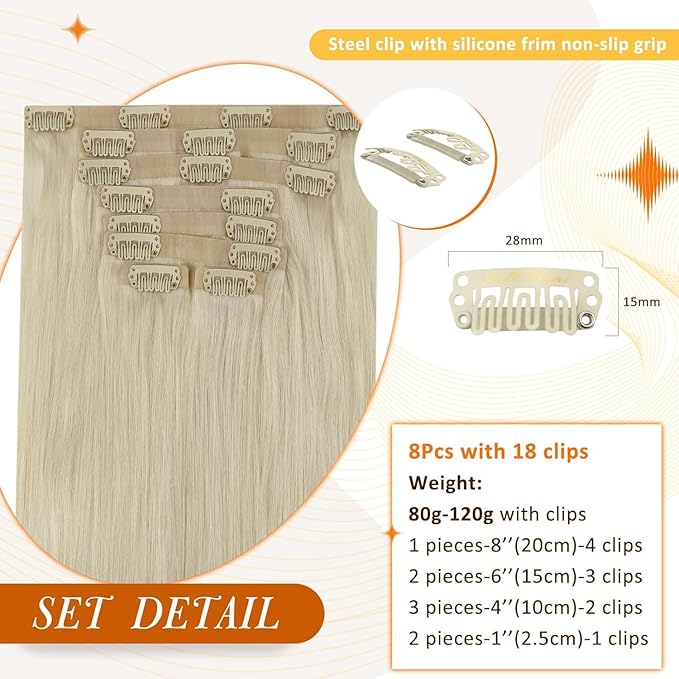 Full Shine Seamless Clip in Hair Extension Blonde Short Hair Extensions Clip in Platinum Blonde Hair for Women Clip in Extensions Add Volume 12 Inch 8 PCS 95 Grams
