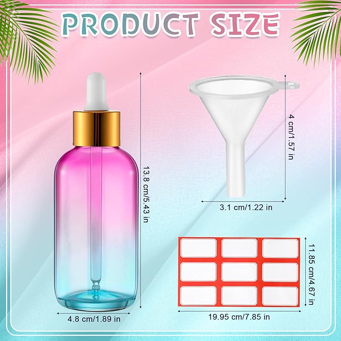 Dandat 50 Pack 4 oz Glass Dropper Bottles Leakproof 120 ml Glass Tincture Bottles with Eye Droppers, 4 Funnels, 54 Labels for Essential Oil Perfumes Hair Oil(Pink Blue Gradient)