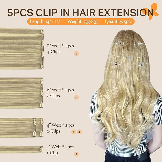 DOORES Human Hair Extensions Clip in, 5pcs 75g Balayage Light Blonde Highlighted Golden Blonde 16 Inch Clip in Hair Extensions Natural Hair Extensions Straight