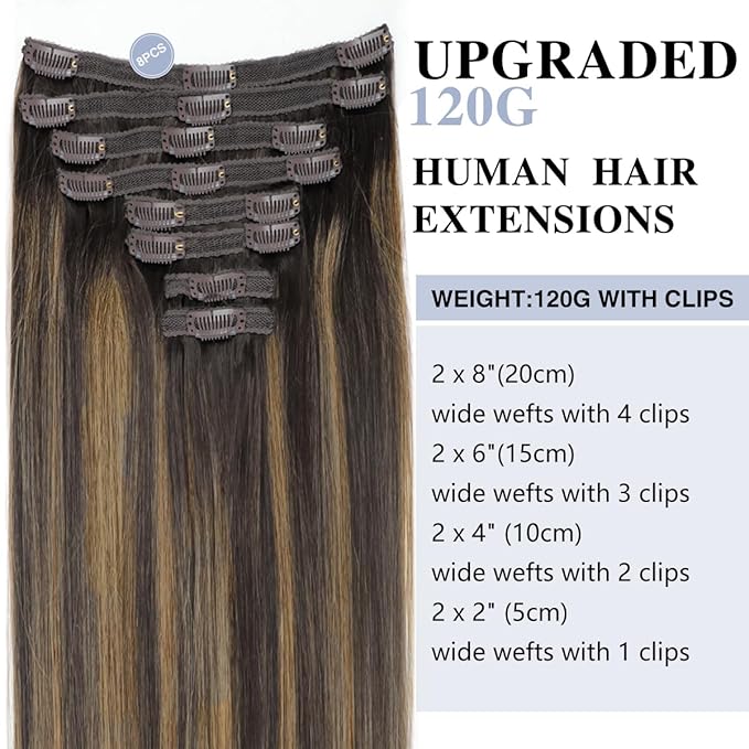 Straight Clip In Hair Extensions Real Human Hair 8Pcs Clip In Balayage Dark Brown to Chestnut Brown Human Hair Extensions with 18Clips Lace Weft 120g 20inch