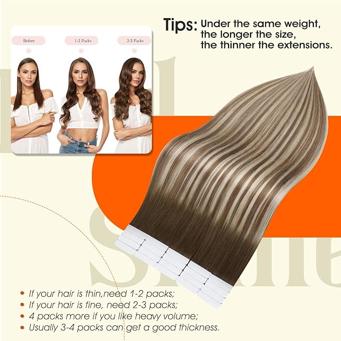 Full Shine Tape In Real Hair Extensions 18Inch Color 3 Fading to 8 Highlighted 22 Blonde Balayage Seamless Tape In Extensions Human Hair 50G Remy Hair Extensions Tape ins Straight 20Pcs for Wedding