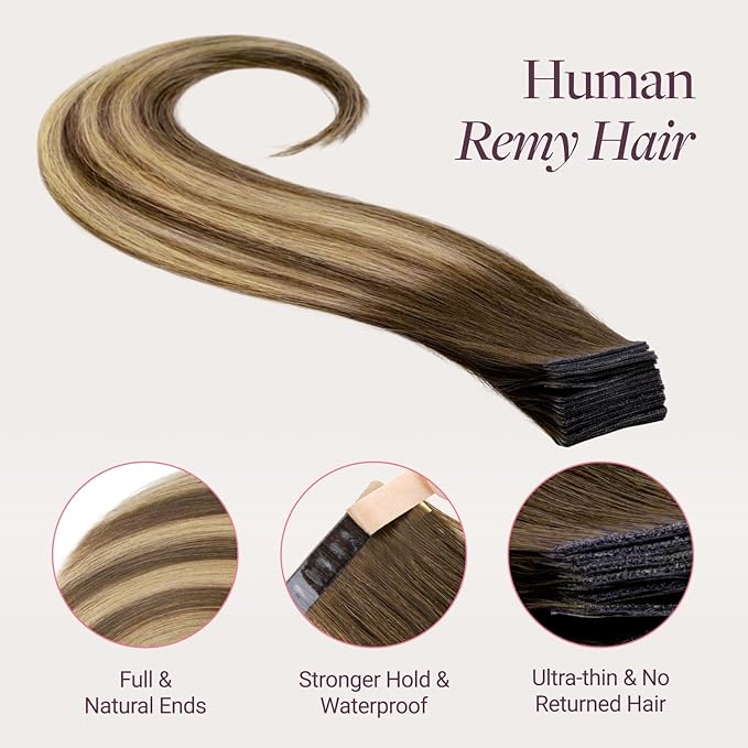 GOO GOO Genius Tape in Hair Extensions, Hand Tied Tape Weft, 4/27/4 Balayage Chocolate Brown to Caramel Blonde, 16inch 50g 20pcs, Remy Human Hair, Seamless Invisible Tape, Natural Blend, Lightweight