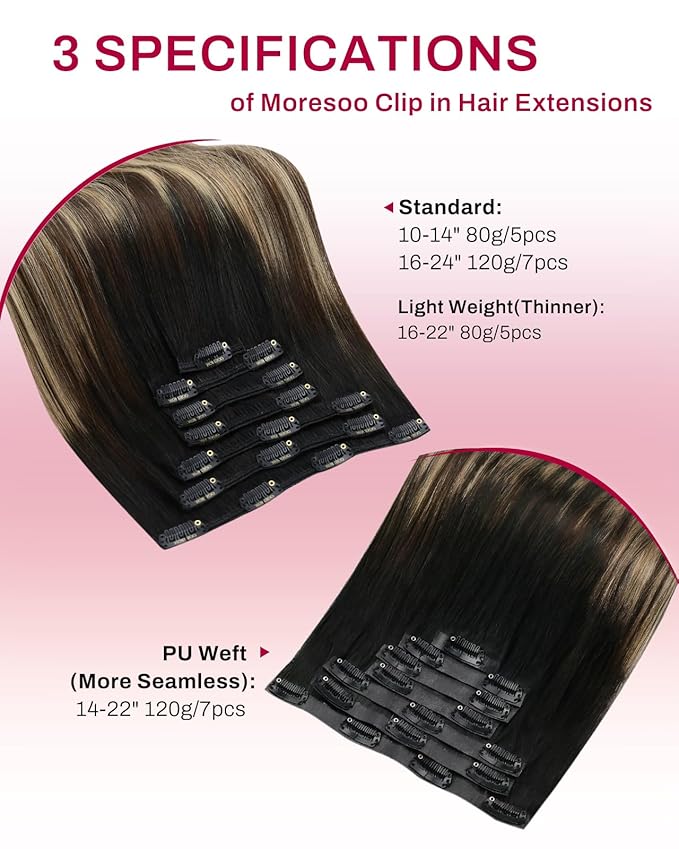 Moresoo Seamless Clip in Hair Extensions Human Hair Ombre Black to Blonde Hair Clip Extensions for Women Straight Balayage Natural Black to Brown with Caramel Blonde 120g/7pcs 16in