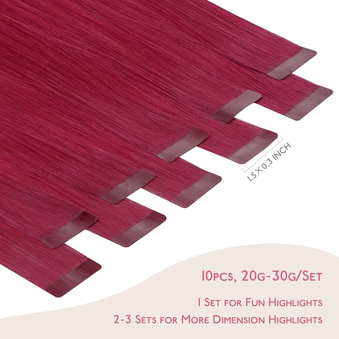 WENNALIFE Tape in Hair Extensions Human Hair Burgundy Red Tape in Extensions, 10pcs 20g 10 inch Remy Invisible Tape Ins Straight Colored Soft Real Human Hair Tape in Extensions Refill Set Extensions