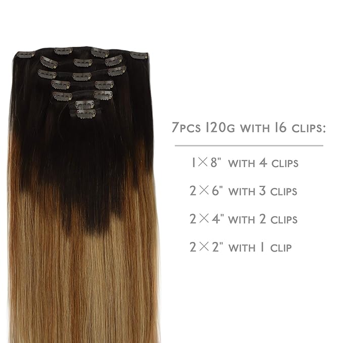 WENNALIFE Clip in Hair Extensions Real Human Hair, 20 Inch 120g 7pcs Dark Brown to Chestnut Brown and Dirty Blonde Highlighted Clip In Human Hair Remy Clip in Hair Extensions Double Weft