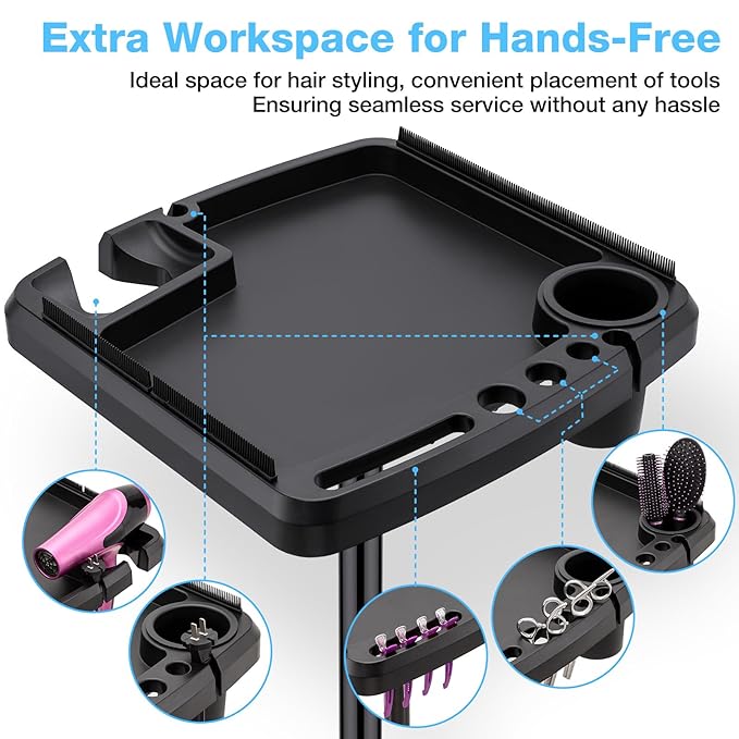 Hair Extension Tray Cart on Wheels w/Storage Holder, Height Adjust & Removable Hairstylist Rolling Tray Barber Tray Cart with Wheels, Salon Hair Extension Trolley Cart Hairdresser Stylist Color Tray