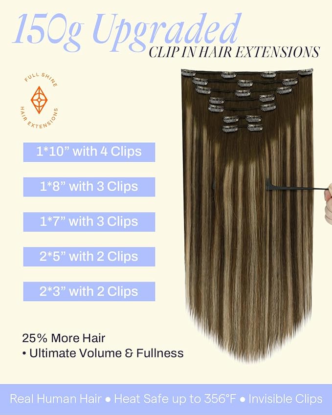 Full Shine Real Hair Clip in Extensions Human Hair 20 Inch Balayage Medium Brown to Honey Blonde Clip Hair Extensions 150 G 7 Pcs
