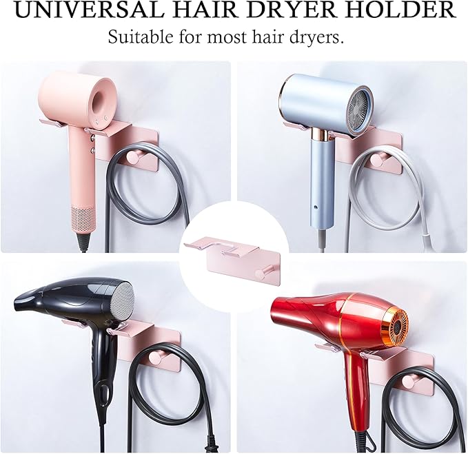 Hair Dryer Holder Wall Mount, Blow Dryer Holder for Wall, Adhesive Hairdryer Holders, Stainless Steel Blowdryer Holders Bathroom Hair Tool Organizer Hair Dryer Hanger Hook with Cord Storage(Rose Gold)
