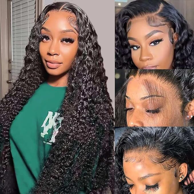 34 Inch Deep Wave Lace Front Wigs Human Hair Pre Plucked 200% Density 13x6 HD Lace Frontal Wigs with Baby Hair Deep Curly Wet and Wavy Glueless Wigs for Women (Natural Black, 34 Inch)