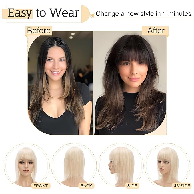 SEGO Hair Toppers for Women Real Human Hair With Bangs, 7 * 13CM Silk Base 100% Remy Human Hair Clip in Top Wiglet Hairpieces Add Volume 10 Inch Ash Blonde&Bleach Blonde