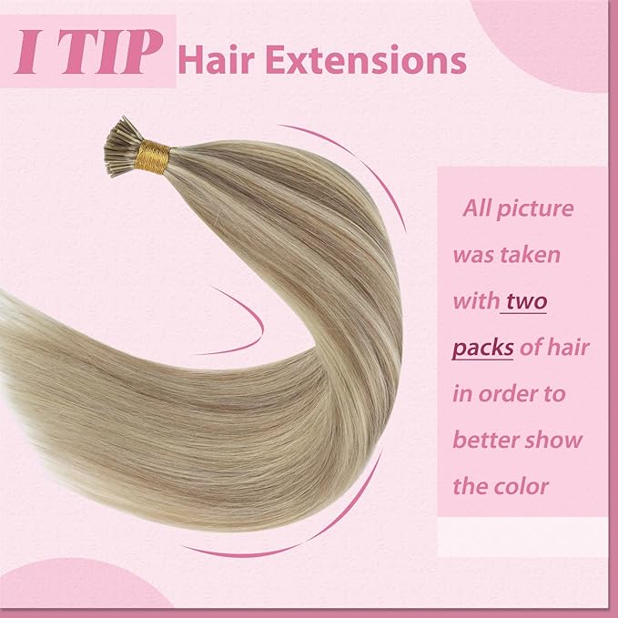 YoungSee I Tip Hair Extensions Human Hair Blonde I Tips Hair Extensions Real Human Hair Golden Blonde Highlight Itip Hair Extension Real Human Hair Short Hair 14 Inch 50g 80s