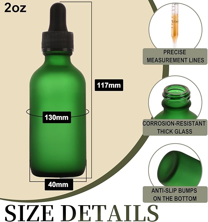 2oz Glass Dropper Bottle,Preety Texture Tincture Bottles with Precise Scales Eye Droppe,for All Kinds Of Mixed Liquids,Leak-Proof Design for Easy Travel (Green Frosted-24Pack)