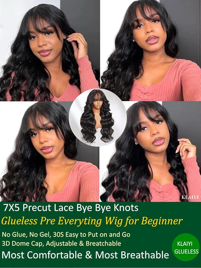 KLAIYI Fluffy Body Wave Curtain Bang Wig Bye Bye Knots Glueless Pre Cut 7x5 Lace Front Wigs Human Hair Loose Wave Pre Bleached Pre Plucked Pre Everything 3S Easy to Wear and Go Wig 180% Density 22Inch
