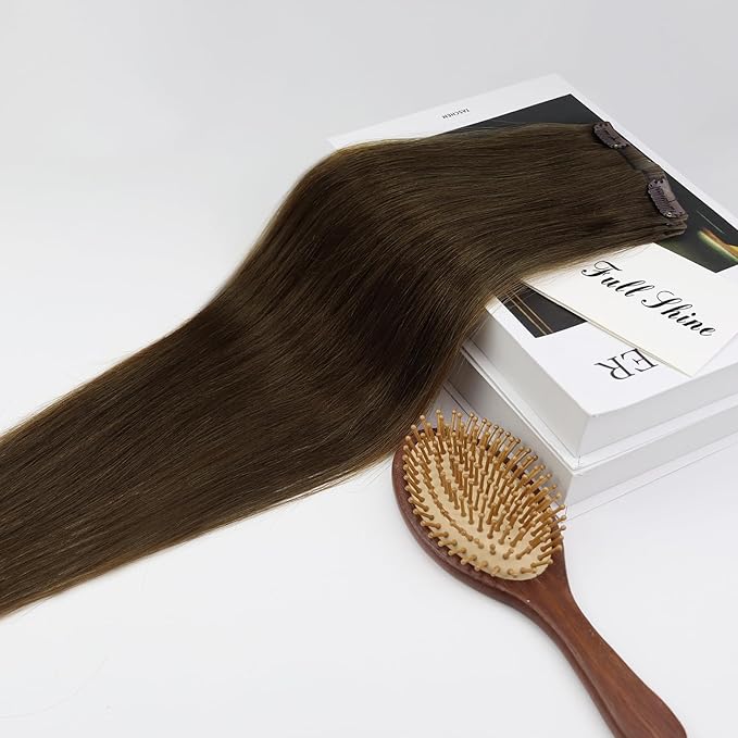 Full Shine Dark Brown Hair Extensions Real Human Hair Clip ins Brown Real Hair Clip in Extensions for Woman Straight Hair 14 Inch 3 PCS 60 G