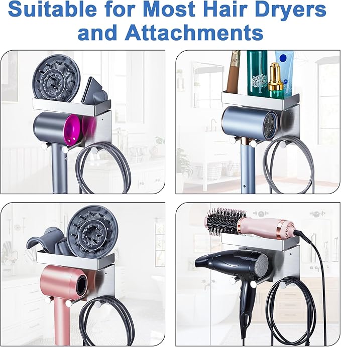 Hair Dryer Holder Wall Mounted, Stainless Steel Blow Dryer Holder for Attachments Storage, Hair Tool Organizer with Plug&Cord Hook, Adhesive Hairdryer Hanger for Bathroom, Silver