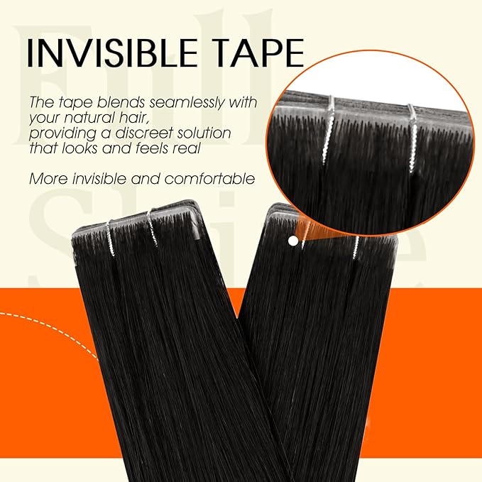 Full Shine Injected Tape In Hair Extensions Color 1B Black Tape in Extensions Real Human Hair Injection Seamless Skin Weft Double Sided Exension 22Inch 50G 20Pcs Long Straight for Wedding