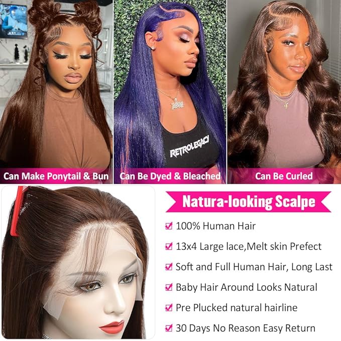 Hermosa 13x4 Brown Lace Front Wigs Human Hair Pre Plucked Hairline 180 Density Straight Lace Frontal Human Hair Wigs for Women 4# Brown Color 18 Inch