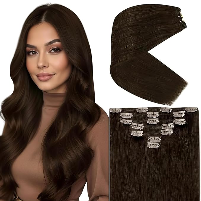 Ve Sunny Clip in Hair Extensions Real Human Hair Dark Brown Hair Extensions Clip ins 14Inch Human Hair Clip in Extensions 100g