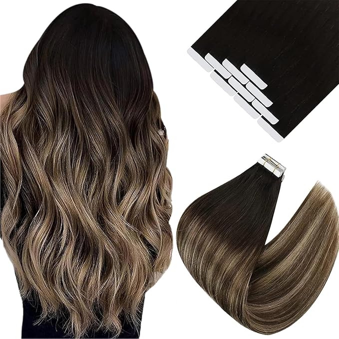 Sunny Hair Tape in Hair Extensions Real Human Hair Invisible Remy Hair Extensions Tape ins for Women Natural Black Ombre Dark Brown Balayage Ash Blonde 16 inch 25G