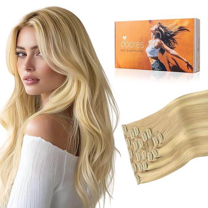 DOORES Clip-in Hair Extensions Real Human Hair, Dirty Blonde & Platinum Blonde Mix, 80g, 12 Inch, 7pcs, Straight Natural