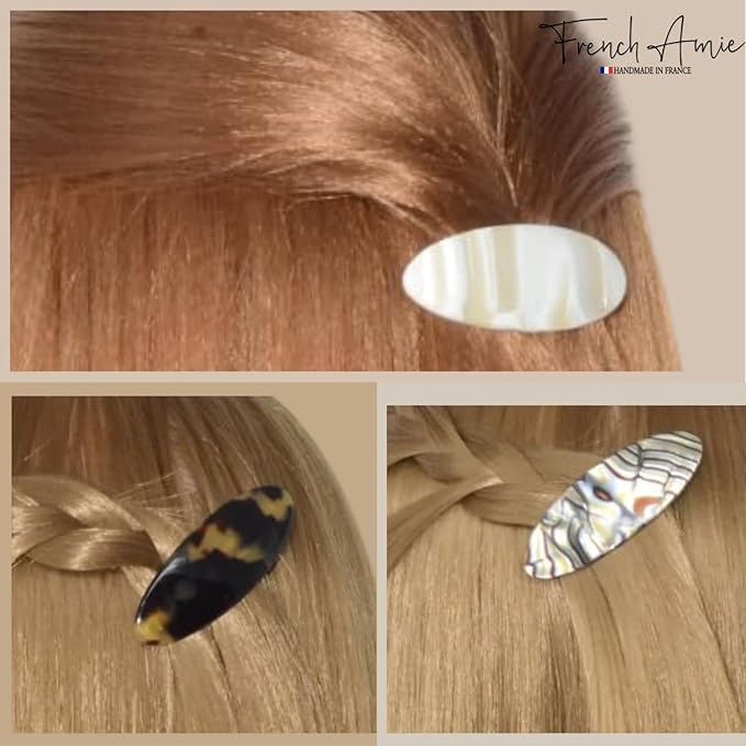 French Amie Oval Mini Silver Grey Onyx Tokyo Ivory Set of 3 Handmade Celluloid Hair Clip Barrette for Girls (2.5 inch)