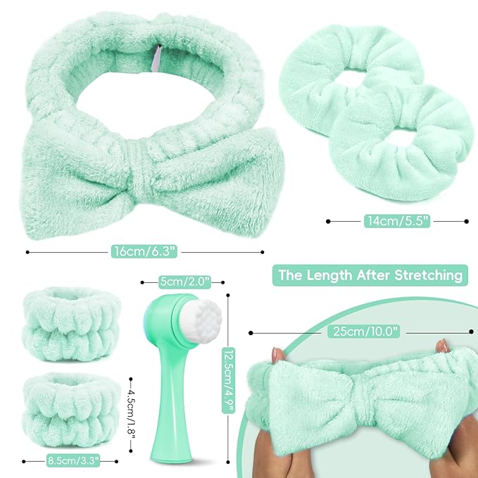 Facial Cleansing Brush, Spa Headband for Washing Face, Skincare Headband and Wristband Set, 2-in-1 Skin Care face Brush, Come with a Hair Scrunchie, for Massaging Makeup Skincare-Blue