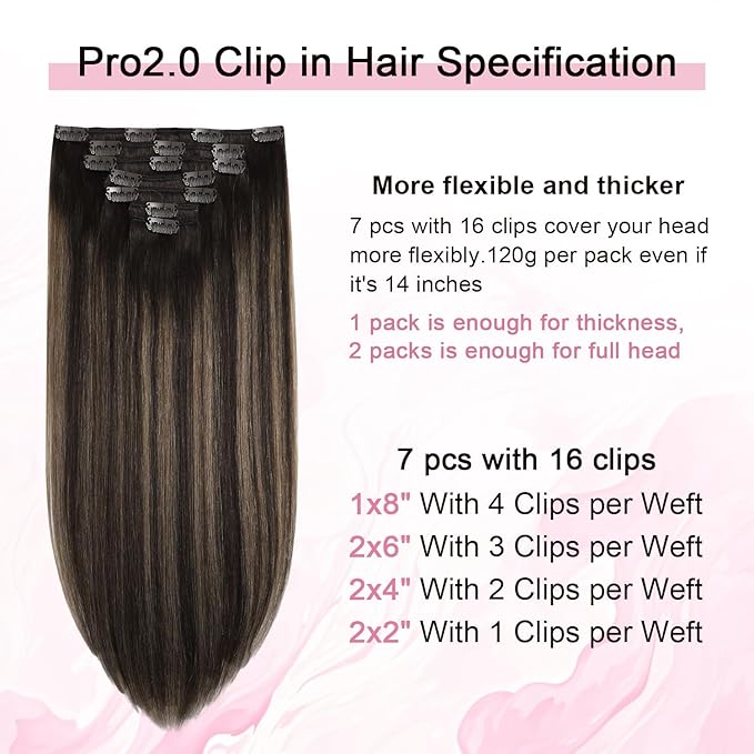 Pro2.0 Clip in Hair Extensions Real Human Hair 120g Thick 7pcs Color #2/6/2 Balayage Dark Brown to Chestnut Brown Remy Real Human Hair Extensions Clip ins 14inch Double Weft（#2/6/2-14inch）