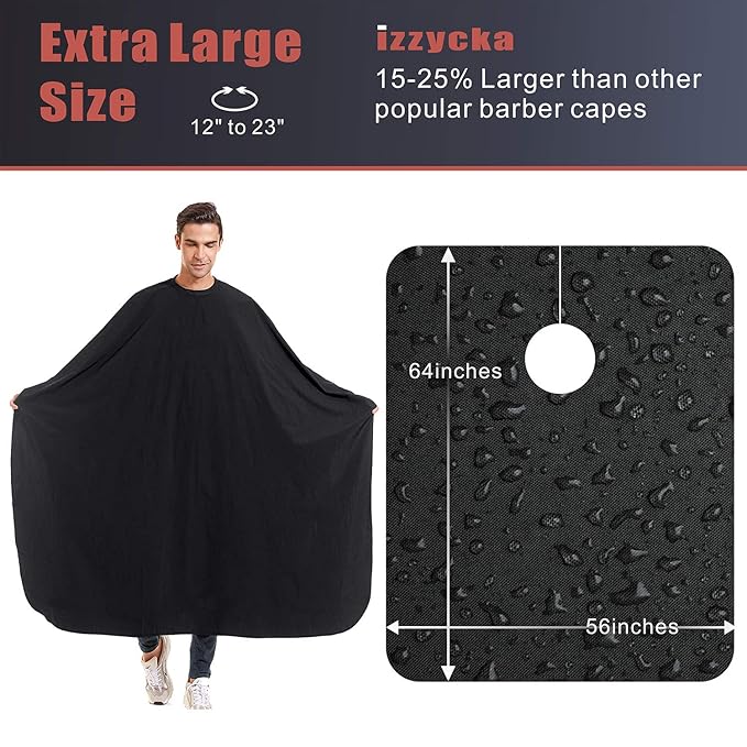 Nylon Barber Cape 64"x56" Waterproof Salon Large Hair Cutting Cape Haircut for Men with Adjustable Snap Closure Color Capes Professional Stylist Hairdresser Apron Adults Unisex Black