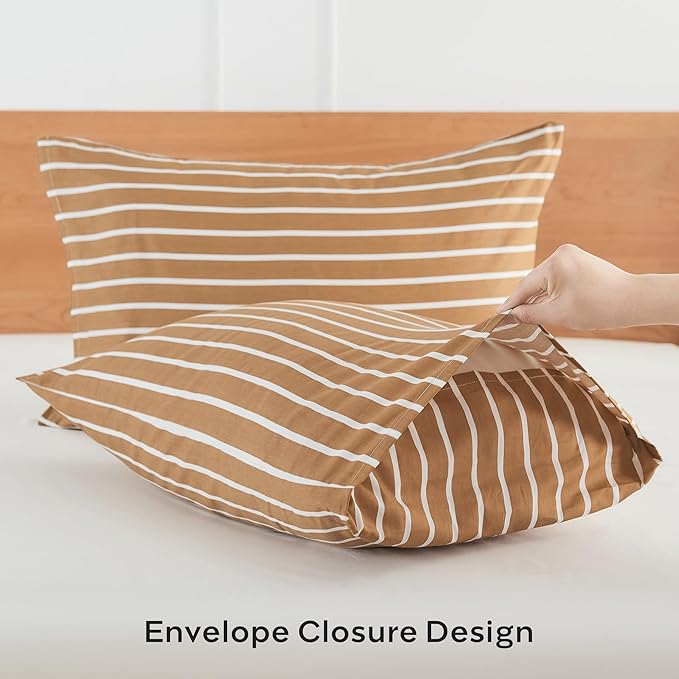 JELLYMONI 100% Natural Cotton Striped Queen Pillowcases Set, 2 Pack Rust and White Stripes Pattern Printed Pillow Covers with Envelope Closure(Pillows are not Included)