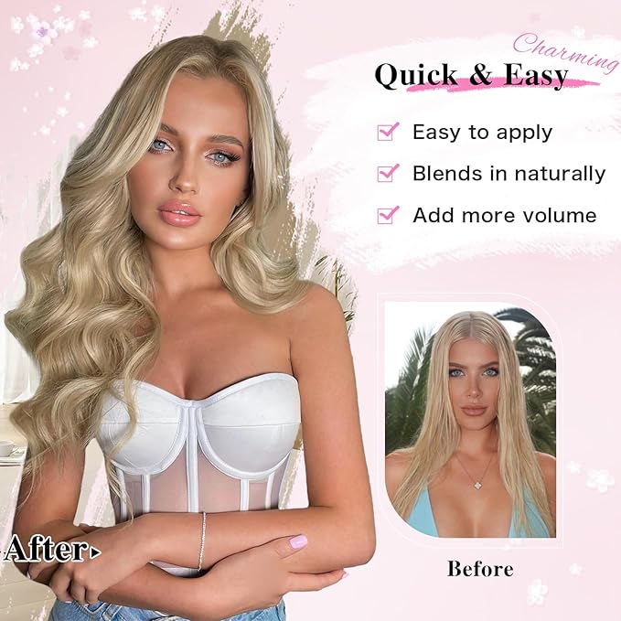Clip in Hair Extensions for Women, 8PCS 20 Inch Wavy Ash Blonde Mixed Light Blonde Hair Extensions Clip Ins Mix Blonde, Synthetic Long Hairpieces for Women