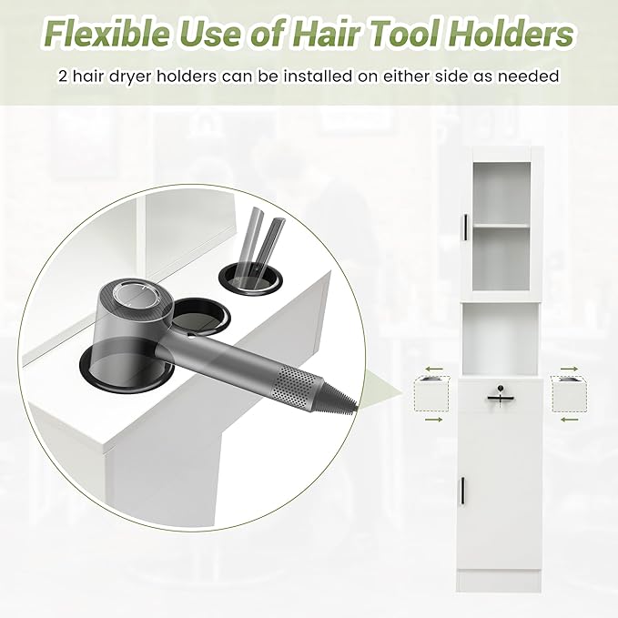 Salon Station for Hair Stylist,Hair Styling Storage Cabinet with Glass Door,Tool Dryer Holders, Salon Beauty Spa Barber Hair Staion, White