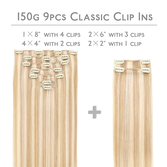 WENNALIFE Hair Extensions Clip In, 9pcs 14inch 150g Dirty Blonde Highlighted Bleach Blonde Thicker Clip In Hair Extensions Real Human Hair Remy hair extension Double Weft Clip in Human Hair Extensions
