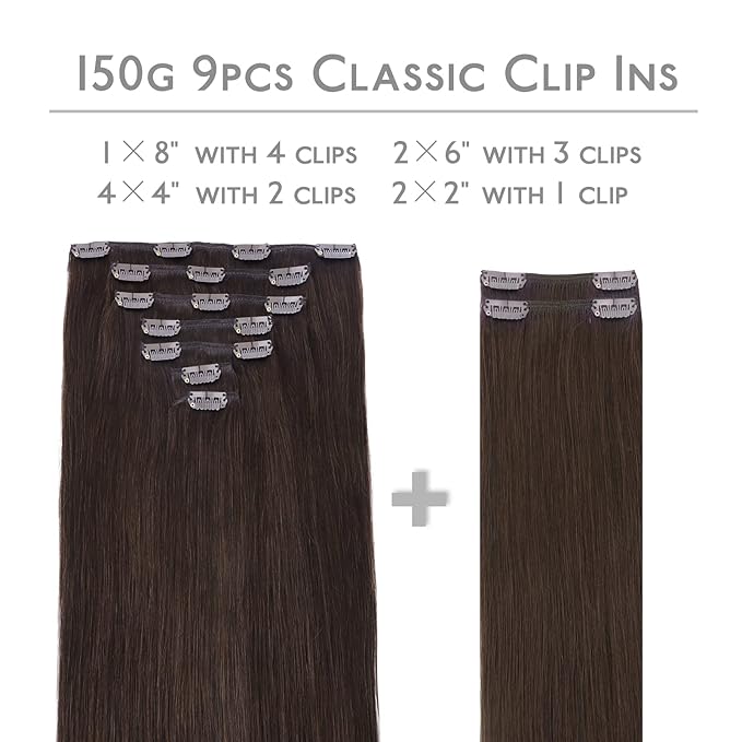 Wennalife Clip in Human Hair Extensions, 24 Inch 150g 9pcs Clip in Hair Extensions Real Human Hair, Light Dark Brown Human Hair Clip in Extensions Remy Human Hair Extensions Clip Ins Double Weft