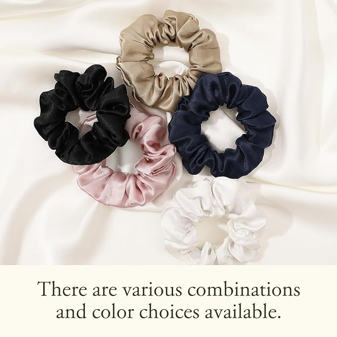 LILYSILK 5PC Silk Hair Scrunchies/Ties for Frizz & Breakage Prevention, 100% Mulberry, No Damage, Elastic ponytail Holders, Fixed Color, Black+Light Coffee+Rosy Pink+Ivory+Navy Blue
