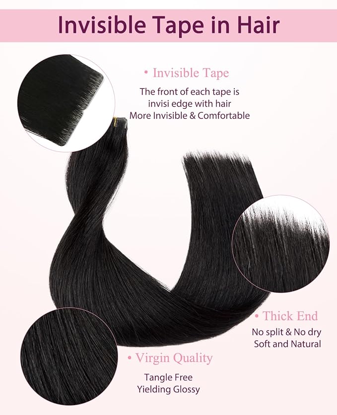 Pinkpearl Invisible Tape in Hair Extensions Human Hair, 20pcs 18inch 50g #1B Natural Black Injection Tape in Extensions Real Remy Straight Seamless Silky Human Hair Injected