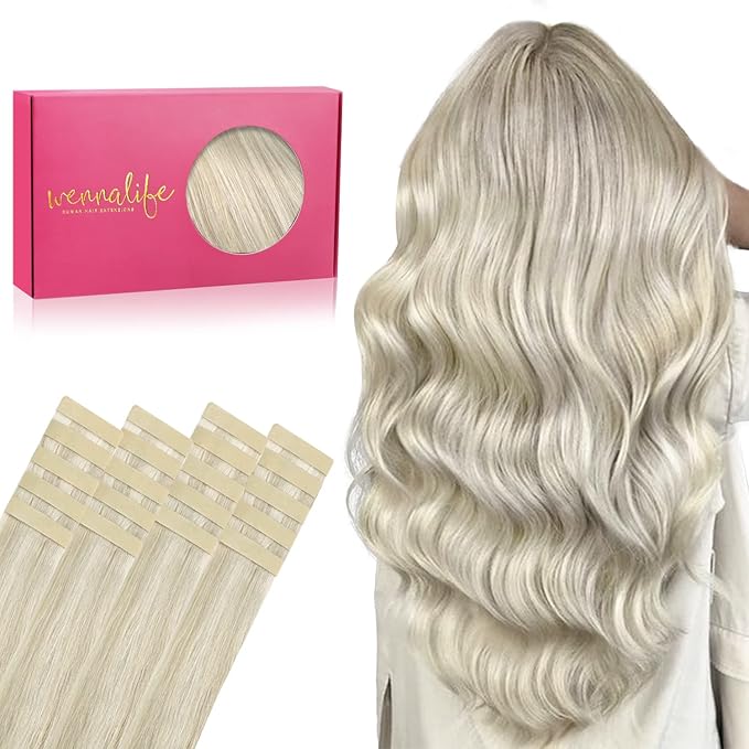 WENNALIFE Tape in Hair Extensions Human Hair, 20pcs 50g 14 inch Ash Blonde Highlighted Platinum Blonde Remy Hair Extensions Straight Human Hair Tape in Extensions Skin Weft Tape Extensions