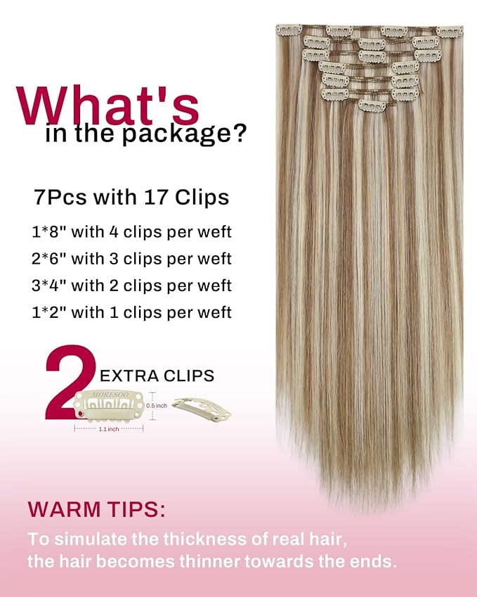 Moresoo Hair Extensions Real Human Hair Clip ins Blonde Highlighted Double Weft Clip in Hair Extensions Human Hair Light Brown with Blonde 7pcs 120g 20inch