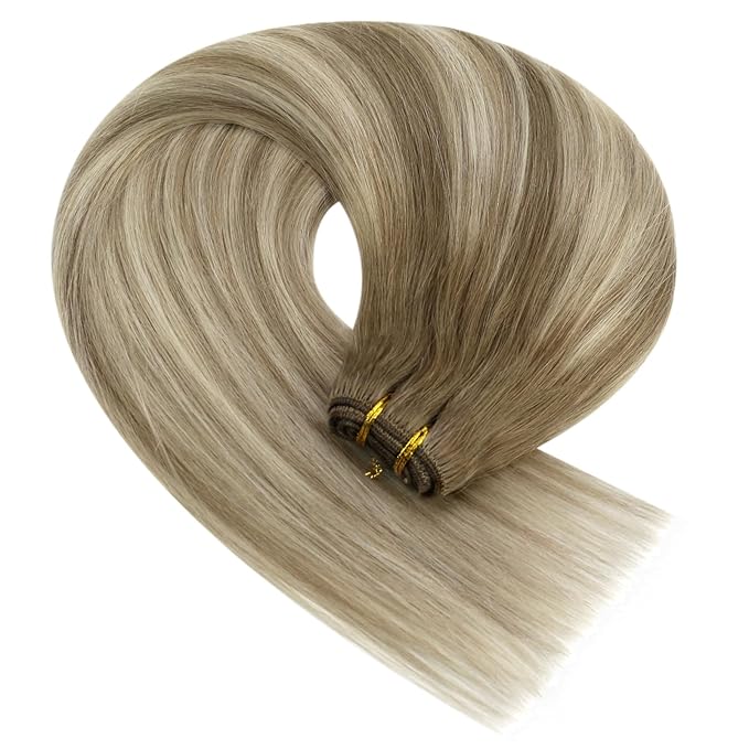 YoungSee Hair Extensions Weft Light Brown Sew in Extensions Hand Tied Weft Hair Extensions Human Hair Light Brown Mix Platinum Blonde Thick Remy Hair for Full Head 18Inch 100g