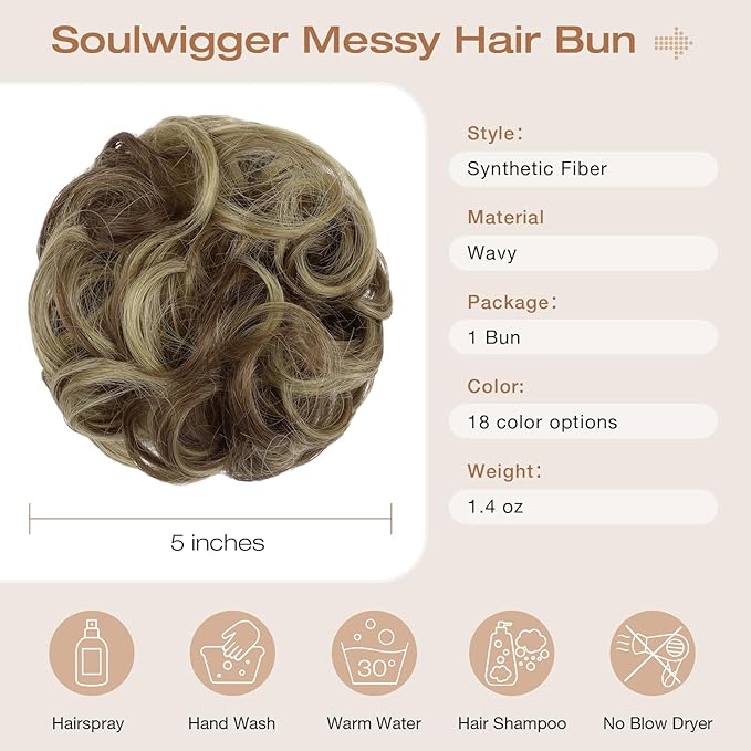 Messy Bun Hair Piece Wavy Curly Scrunchies Fluffy Donut Thick Updo Elegant Chignon Hairpieces for Women Girls, Blonde Mix Light Brown 1.4oz