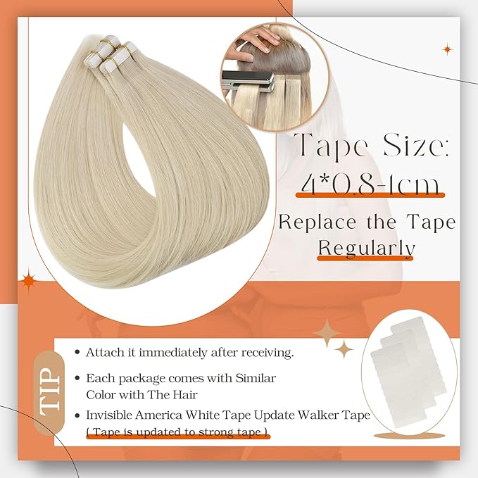 Full Shine Blonde Tape in Hair Extensions 16 Inch Tape in Human Hair Extensions Color 613 Blonde Seamless PU Tapes in Extensions 50 Grams 20 Pieces Skin Weft Hair Invisible Remy Hair
