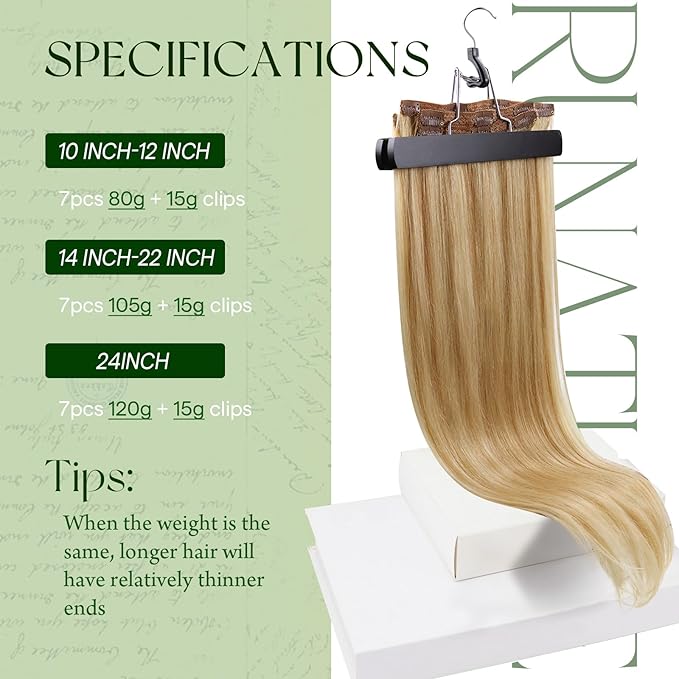 RUNATURE Clip in Hair Extensions Real Human Hair 24 inch, Long Straight Hair, Remy Human Hair Clip in Extensions, Easy Install Hair Extensions 135g 7pcs #16P24 Golden Blonde Highlights