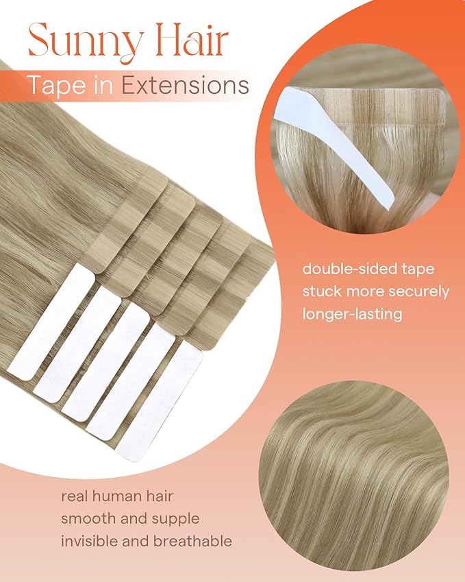 Sunny Hair Tape in Hair Extensions Real Human Hair Invisible Remy Hair Extensions Tape ins for Women Dark Honey Blonde Highlight Medium Blonde 18 inch 25G