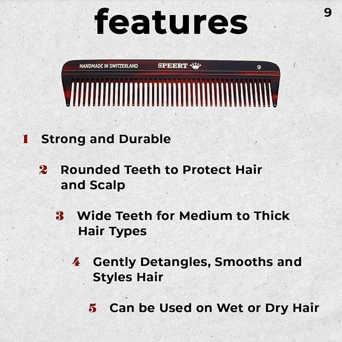 #9 Handmade Wide Tooth Comb Tortoise Havana Acetate Thick Coarse Curly Detangling Parting Grooming Teasing Hair Styling Hairdresser Barber Hairdressing Wet Dry Pocket Travel Women Men Kids