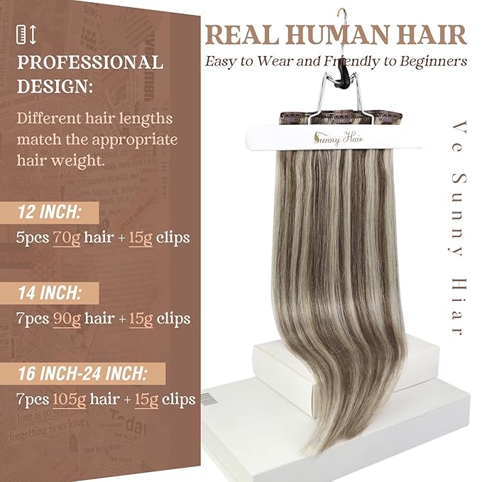 Ve Sunny 24 inch Hair Extensions Clip in Real Human Hair Light Brown Highlight Platinum Blonde Hair Extensions Clip ins Remy Straight Human Hair for Women 7pcs 120g