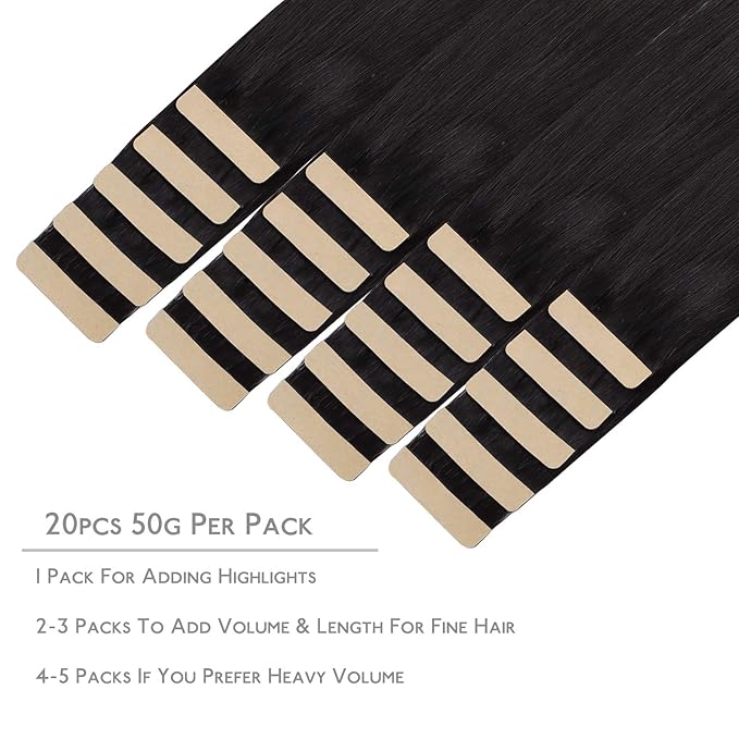 WENNALIFE Tape in Hair Extensions Human Hair, 20pcs 50g 24 inch Natural Black Remy Hair Extensions Straight Human Hair Tape in Extensions Skin Weft Tape Extensions Human Hair