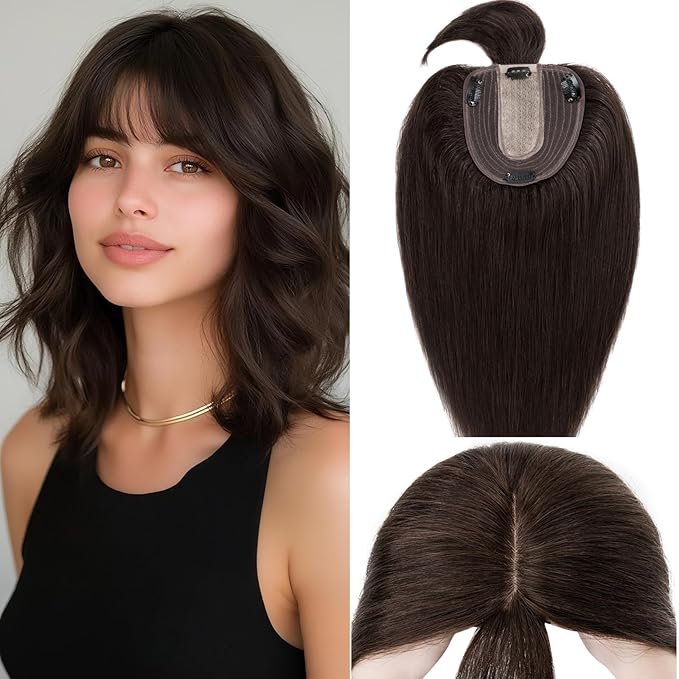 Rich Choices Real Human Hair Toppers for Women With Bang 100% Remy Human Hair Topper for Thinning Hair Clip in Silk Base Hair Topper 6 Inch #2 Dark Brown