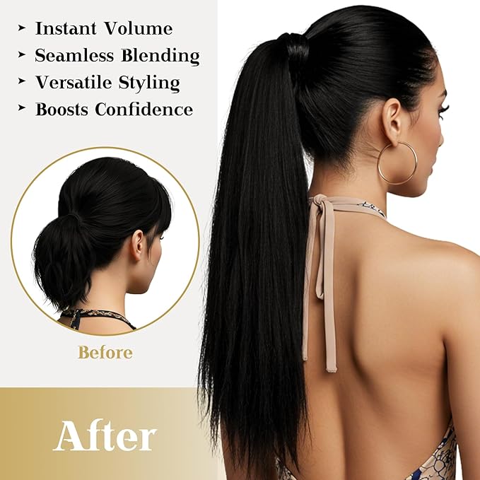 Ve Sunny Hair Extensions Ponytail Real Human Hair 80G Wrap Around Clip in Ponytail Hair Extensions Straight Extensions Human Hair for Women Jet Black 14inch