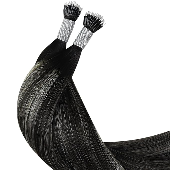 YoungSee Nano Beads Hair Extensions Ombre Nano Ring Extensions Human Hair Black Balayage Nano-Link Hair Extension Ombre Black to Silver Nano-Extension Human Hair for Women 50g 50s 14 Inch