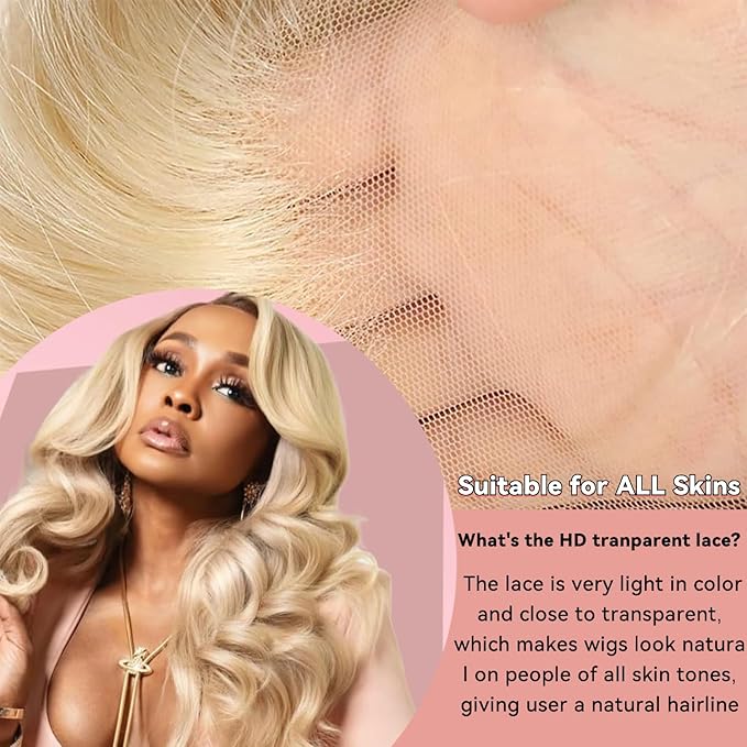 32 Inch 613 Blonde Lace Front Wig Synthetic Hair Pre-Styled Body Wave 13x4 HD Transparent Lace Glueless Wig with Wig Cap for Women