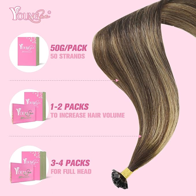 YoungSee Ombre K Tip Hair Extensions Real Human Hair Balayage Brown with Caramel Blonde Natural Hair Extensions Ktips Human Hair for Women 14In 1G/S 50G